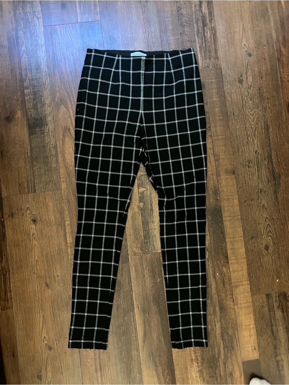 Calvin Klein Black Leggings Dress Pants with White Windowpane Stripes